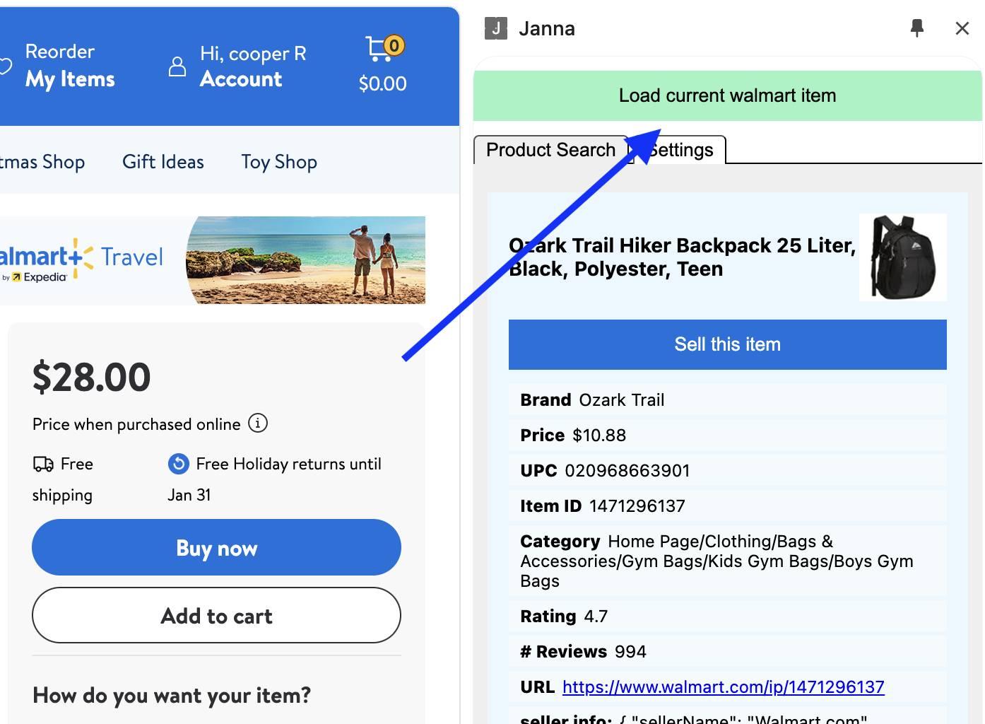 Profit Wizard Pro extension opened on a Walmart product page